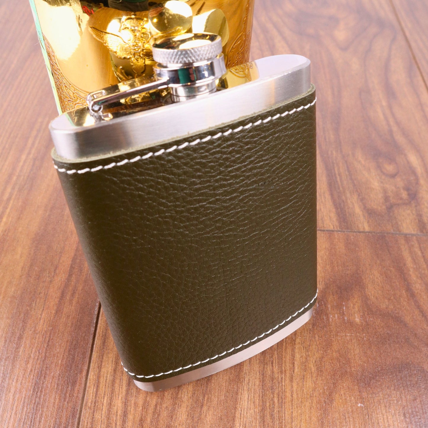 Perlotus 8 Oz 235 cc Funnel Khaki Green Handmade Leather Sheathed Steel Whiskey Pocket Flask