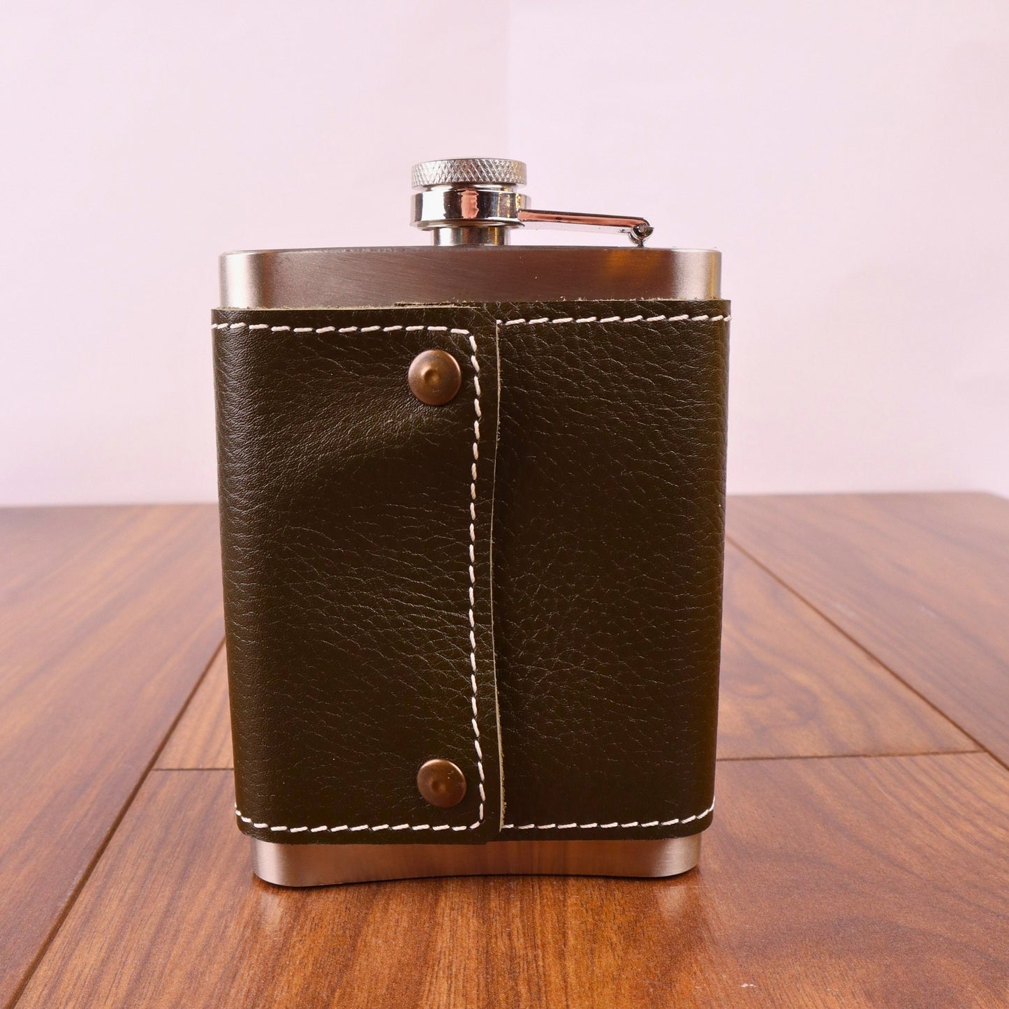 Perlotus 8 Oz 235 cc Funnel Khaki Green Handmade Leather Sheathed Steel Whiskey Pocket Flask