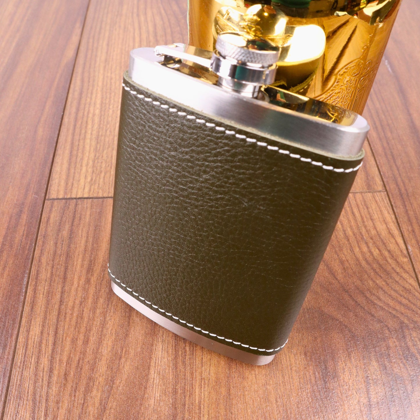 Perlotus 8 Oz 235 cc Funnel Khaki Green Handmade Leather Sheathed Steel Whiskey Pocket Flask