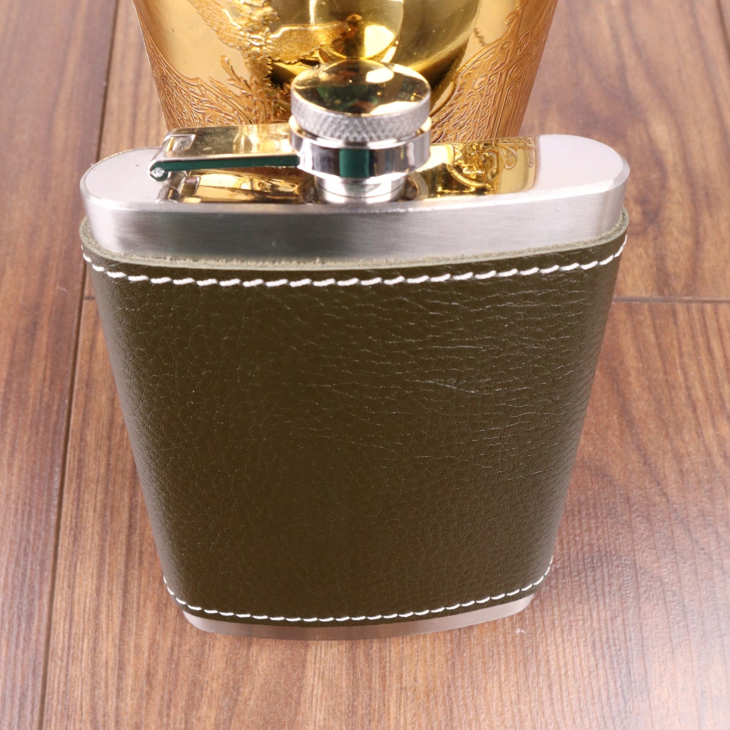 Perlotus 8 Oz 235 cc Funnel Khaki Green Handmade Leather Sheathed Steel Whiskey Pocket Flask